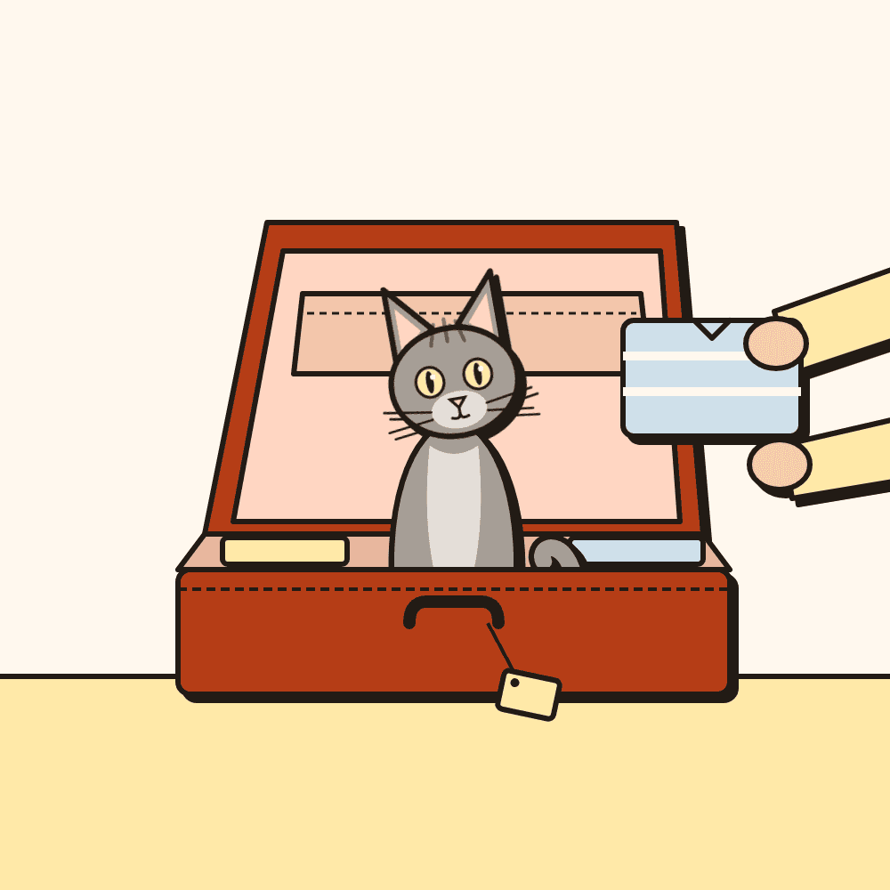 Monkey, a slim grey cat, sits upright in an open suitcase among folded clothes, a luggage tag on its handle, while a person's hands hold a folded shirt, paused mid-pack.